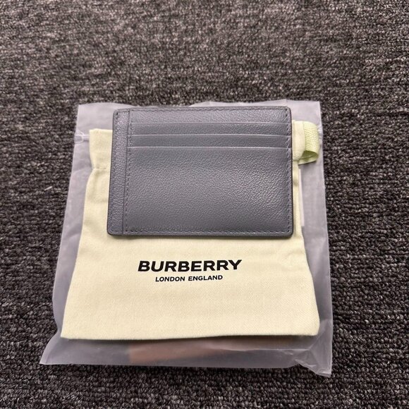 NEW BURBERRY CHASE STORM GRAY GRAINED LEATHER LOGO CLIP CARD HOLDER CASE